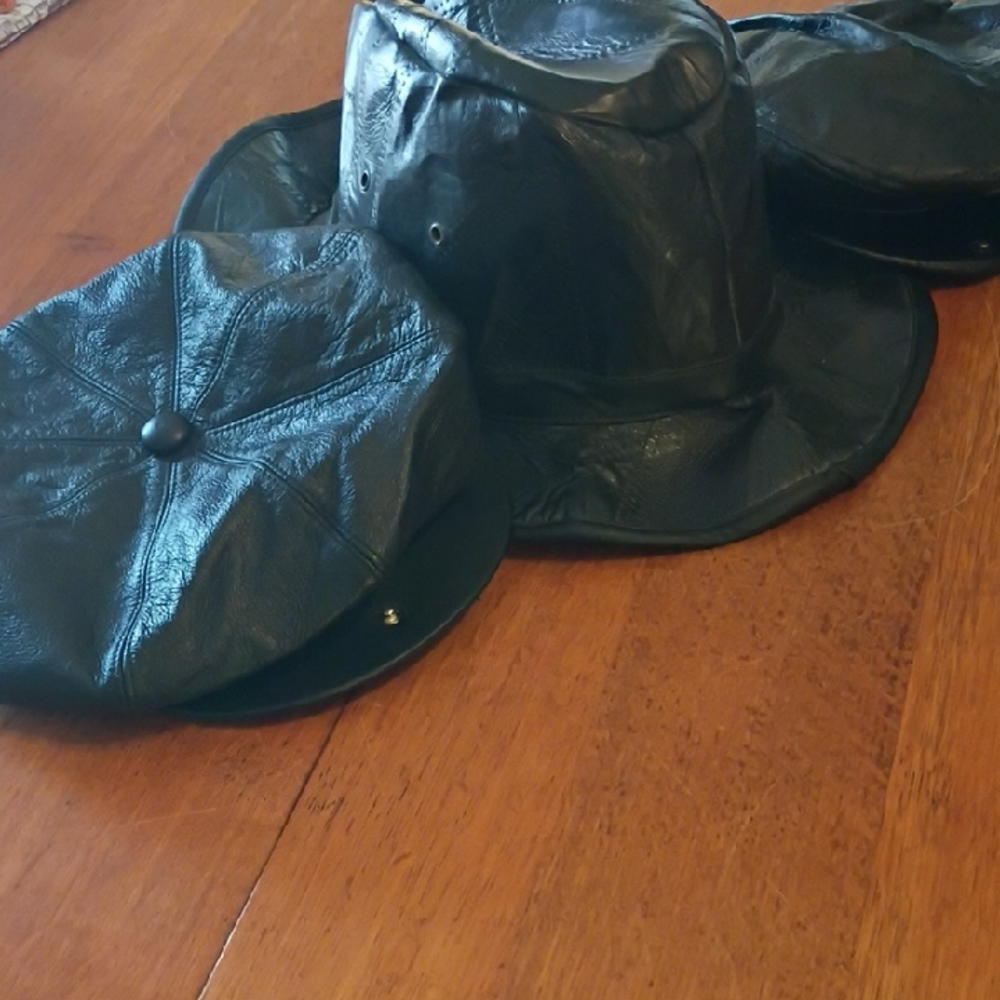 3 Black Leather Hat Set. 2  Newsboy Caps, One Cowboy Type.